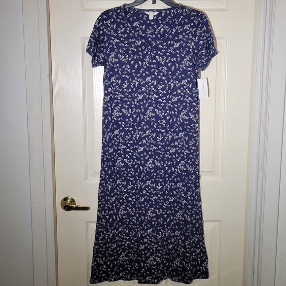 Charter Club Short Sleeve Cotton Pajama Dress Medeival Blue Dot Floral XS - Picture 2 of 3